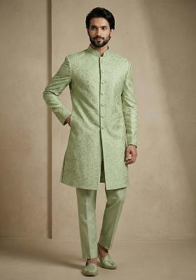 Olive Jacquard Indo Western For Men