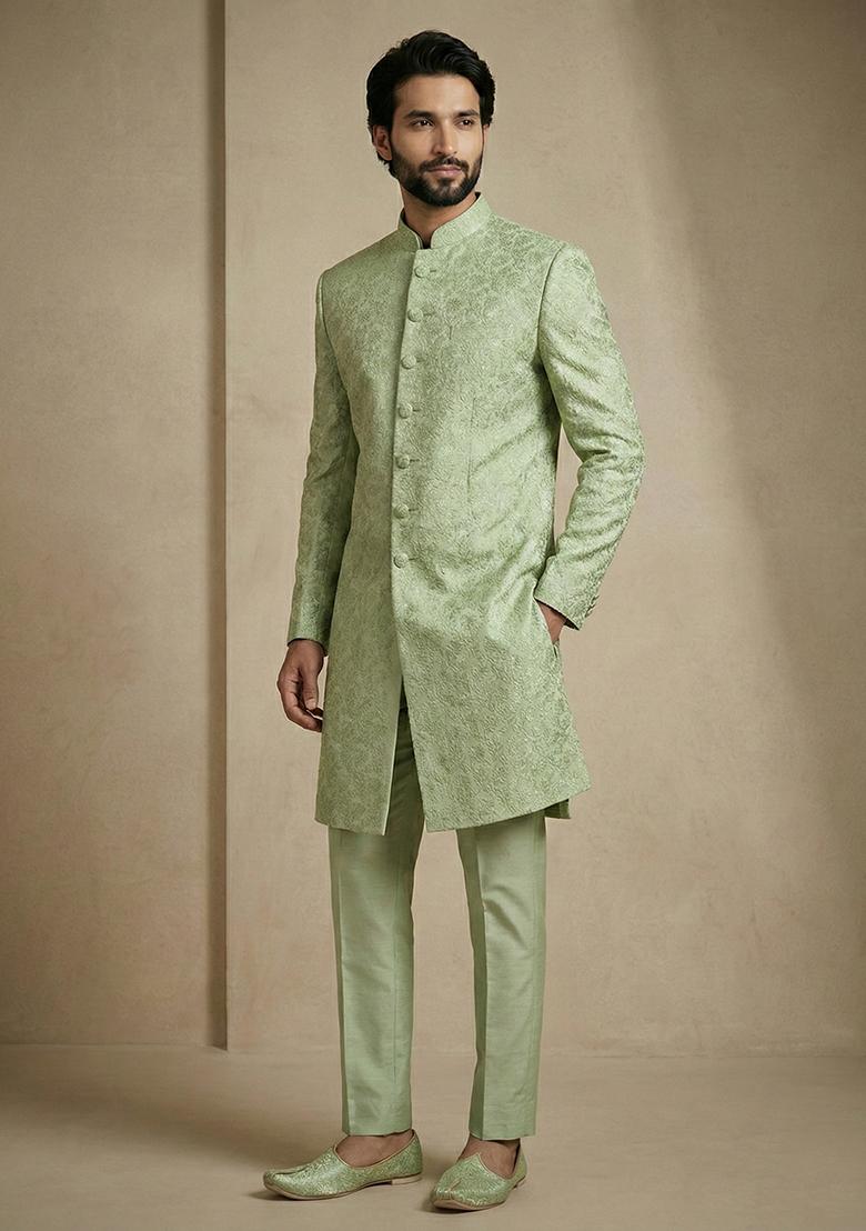 Olive Jacquard Indo Western For Men - Indya