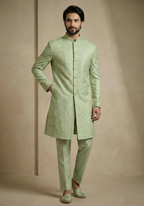 Olive Jacquard Indo Western For Men