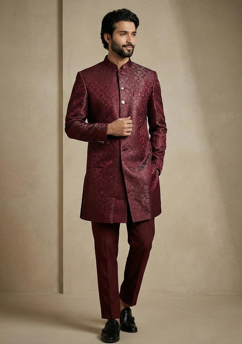 Dark Maroon Jacquard Indo Western For Men - Indya