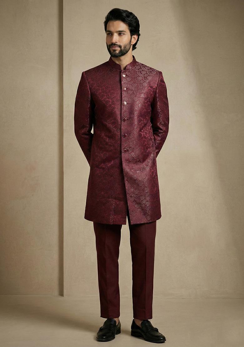 Dark Maroon Jacquard Indo Western For Men - Indya
