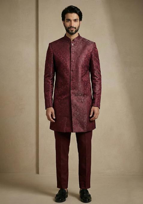 Dark Maroon Jacquard Indo Western For Men