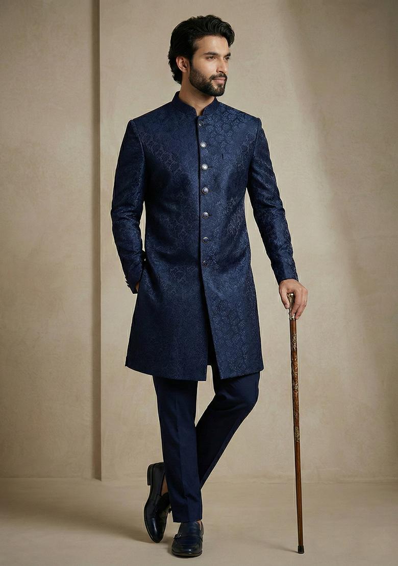 Nevy Blue Jacquard Indo Western For Men - Indya