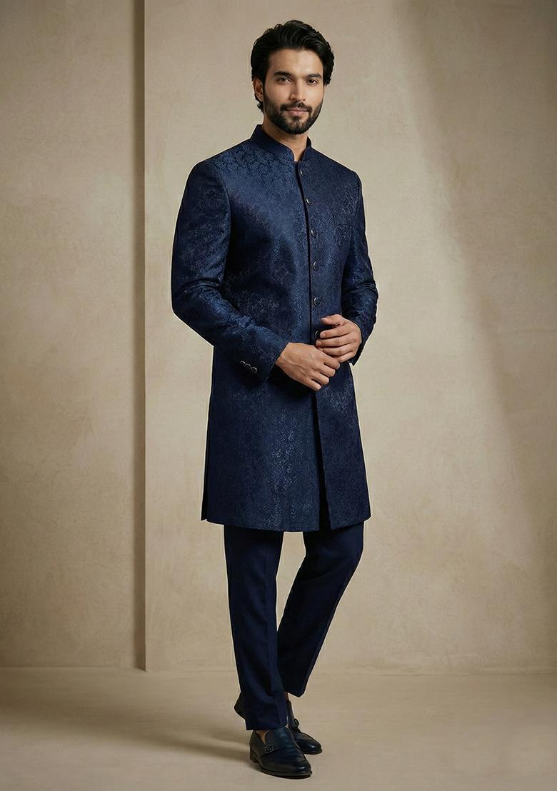 Nevy Blue Jacquard Indo Western For Men - Indya