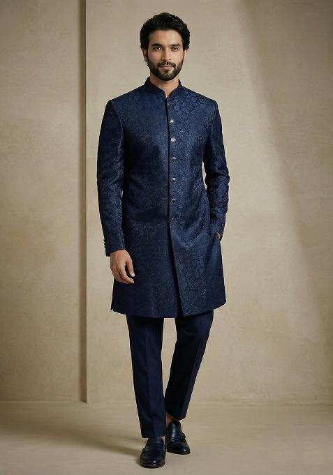 Nevy Blue Jacquard Indo Western For Men