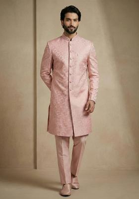 Light Pink Jacquard Indo Western For Men