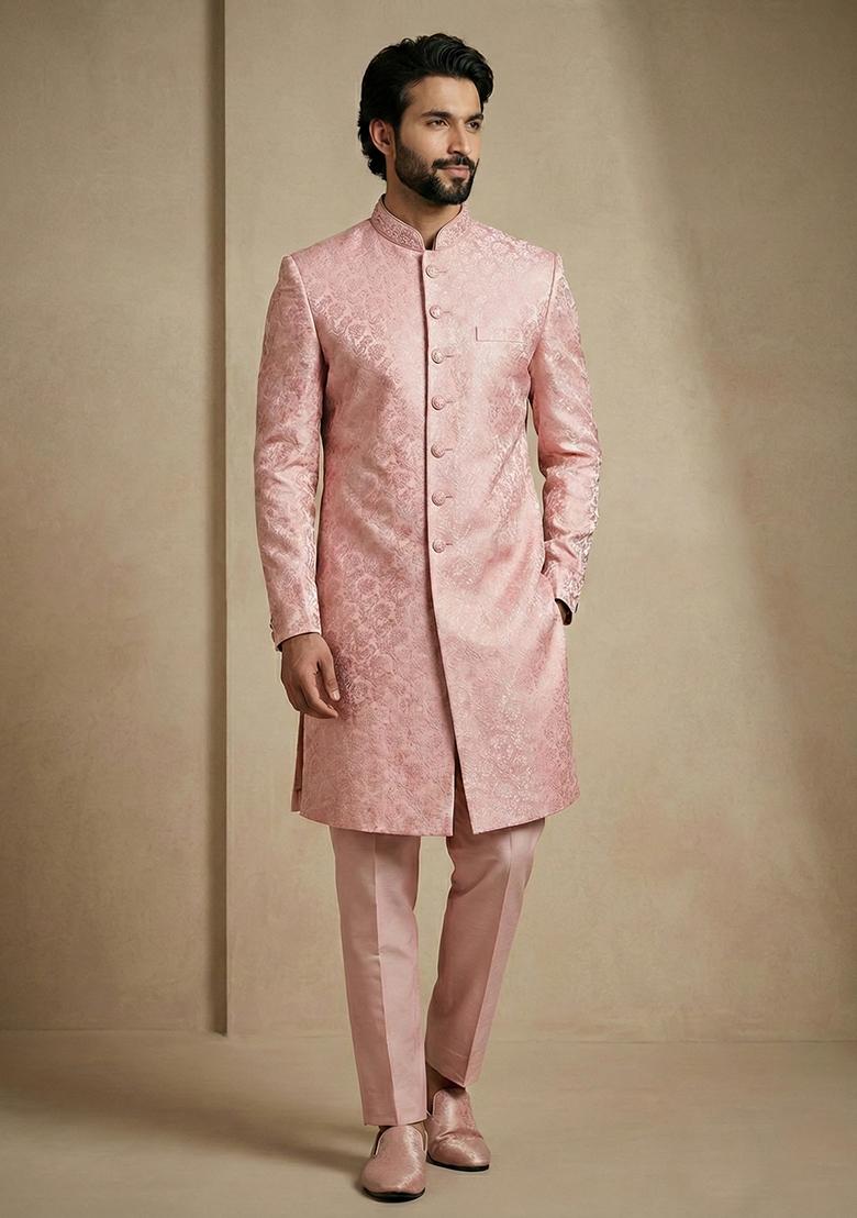 Light Pink Jacquard Indo Western For Men - Indya