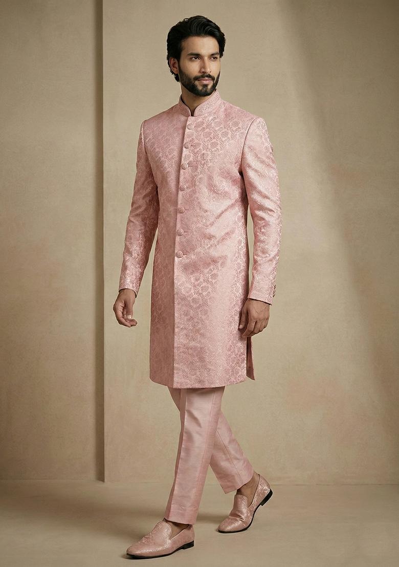 Light Pink Jacquard Indo Western For Men - Indya
