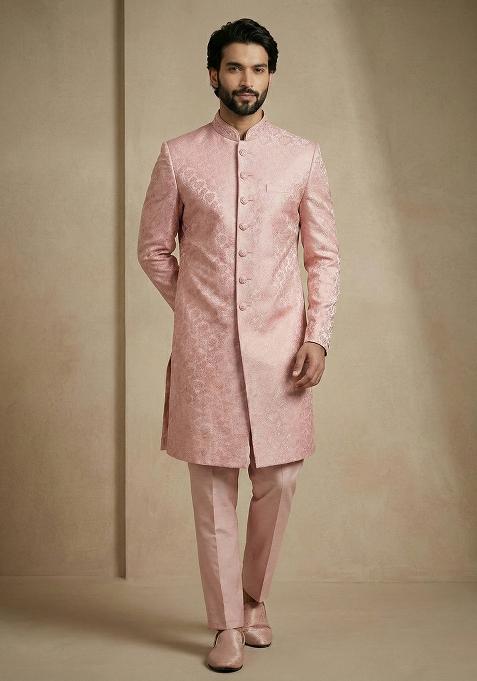 Light Pink Jacquard Indo Western For Men