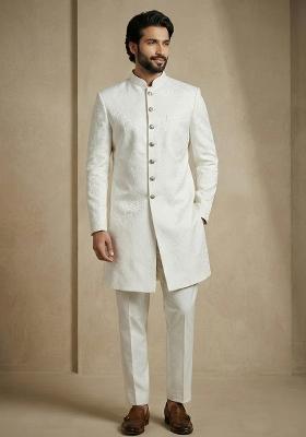 White Jacquard Indo Western For Men