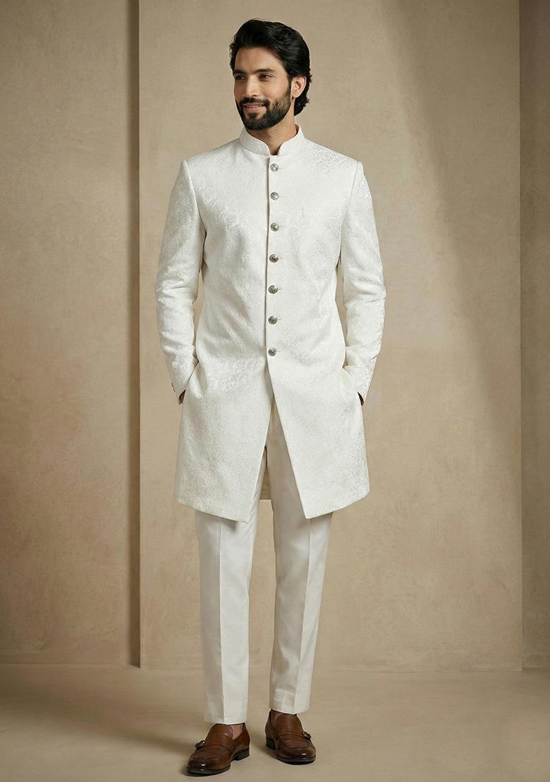 White Jacquard Indo Western For Men - Indya
