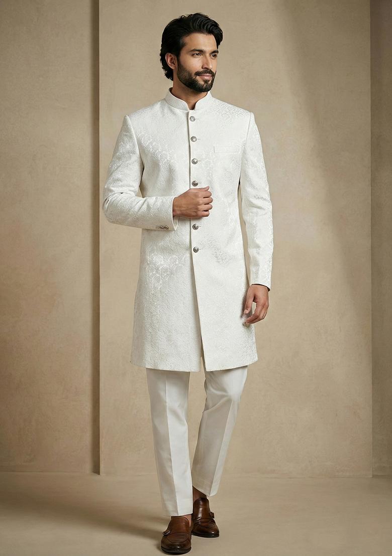 White Jacquard Indo Western For Men - Indya