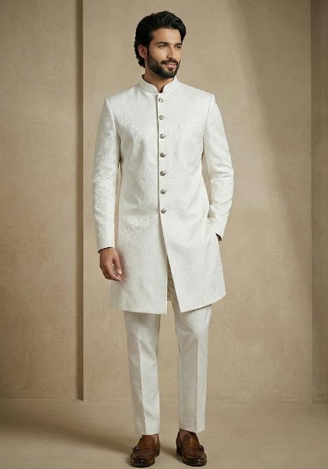 White Jacquard Indo Western For Men