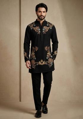 Black Embroidery Armani Kurta Pajama For Men