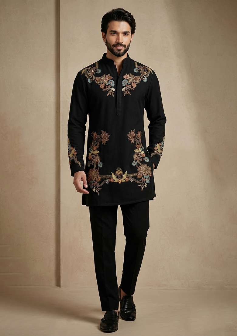 Black Embroidery Armani Kurta Pajama For Men - Indya