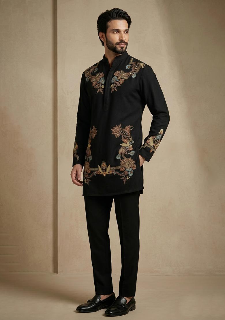 Black Embroidery Armani Kurta Pajama For Men - Indya
