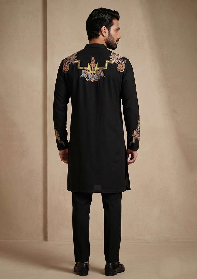 Black Embroidery Armani Kurta Pajama For Men - Indya