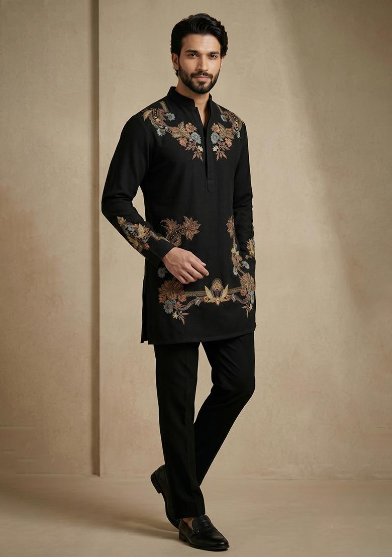 Black Embroidery Armani Kurta Pajama For Men - Indya