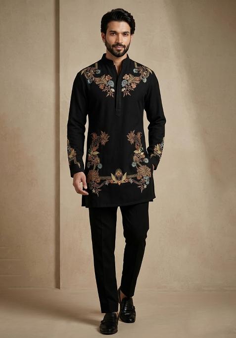 Black Embroidery Armani Kurta Pajama For Men