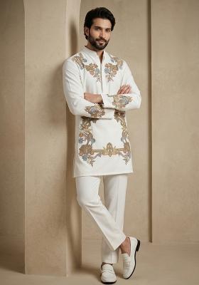 White Embroidery Armani Kurta Pajama For Men