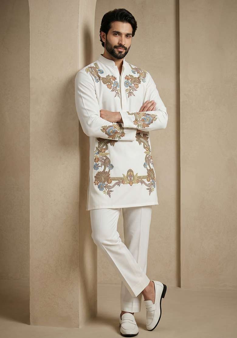 White Embroidery Armani Kurta Pajama For Men - Indya