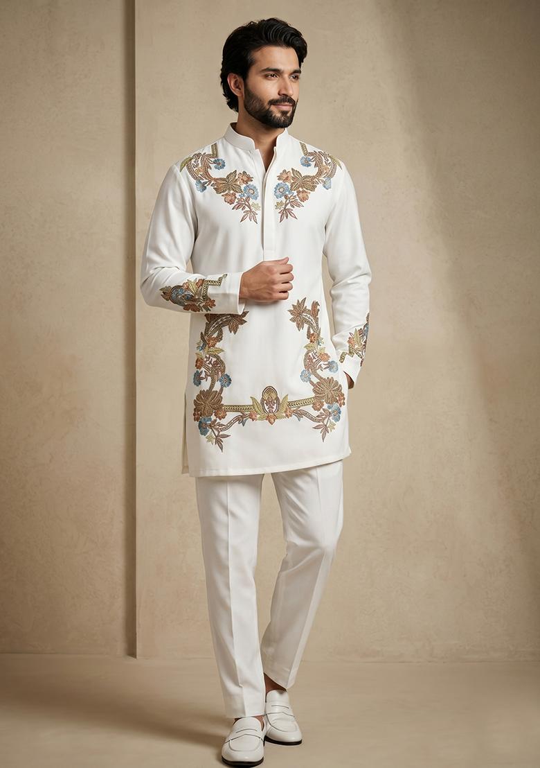 White Embroidery Armani Kurta Pajama For Men - Indya