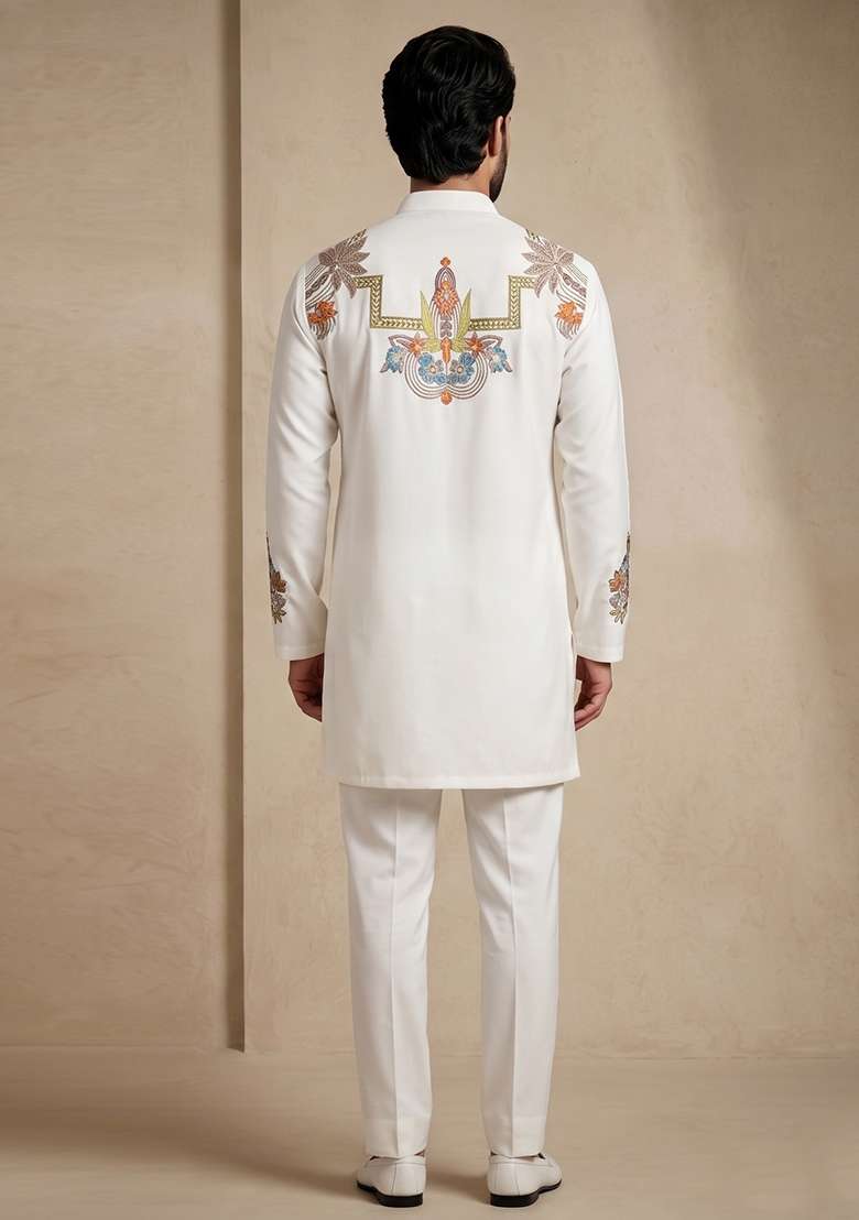 White Embroidery Armani Kurta Pajama For Men - Indya