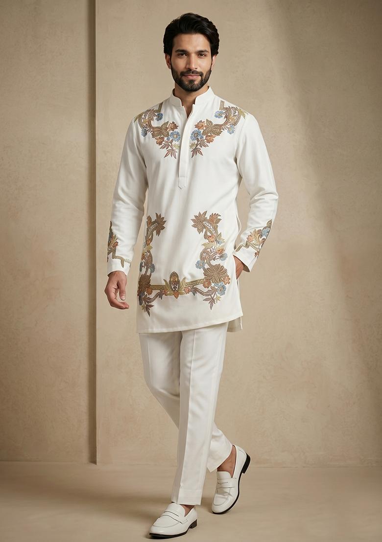 White Embroidery Armani Kurta Pajama For Men - Indya