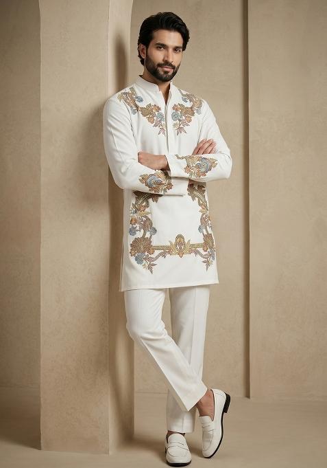 White Embroidery Armani Kurta Pajama For Men