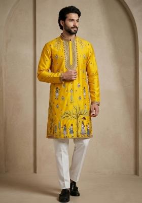 Yellow Embroidery Satin Kurta Pajama For Men