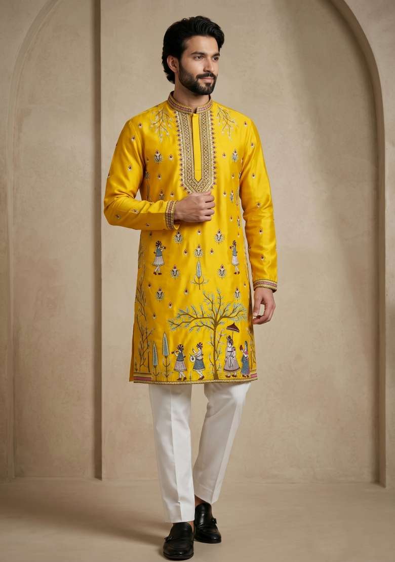 Yellow Embroidery Satin Kurta Pajama For Men - Indya