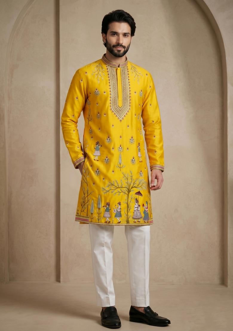 Yellow Embroidery Satin Kurta Pajama For Men - Indya
