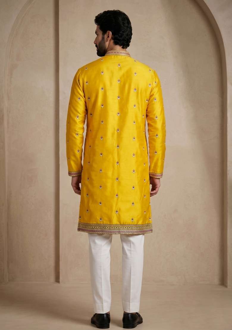 Yellow Embroidery Satin Kurta Pajama For Men - Indya