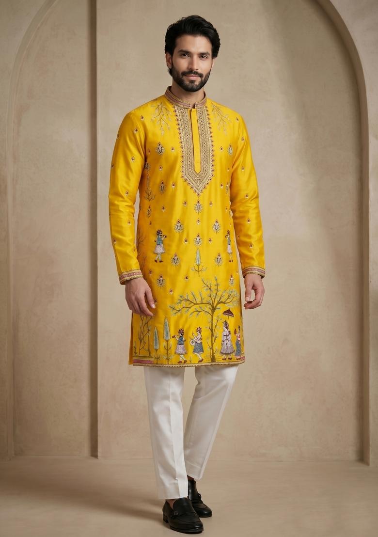 Yellow Embroidery Satin Kurta Pajama For Men - Indya