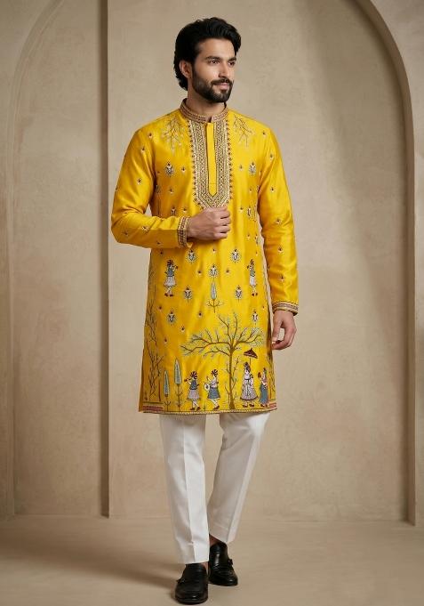 Yellow Embroidery Satin Kurta Pajama For Men
