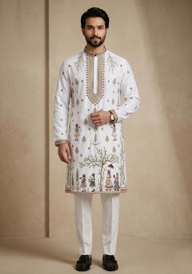 White Embroidery Satin Kurta Pajama For Men