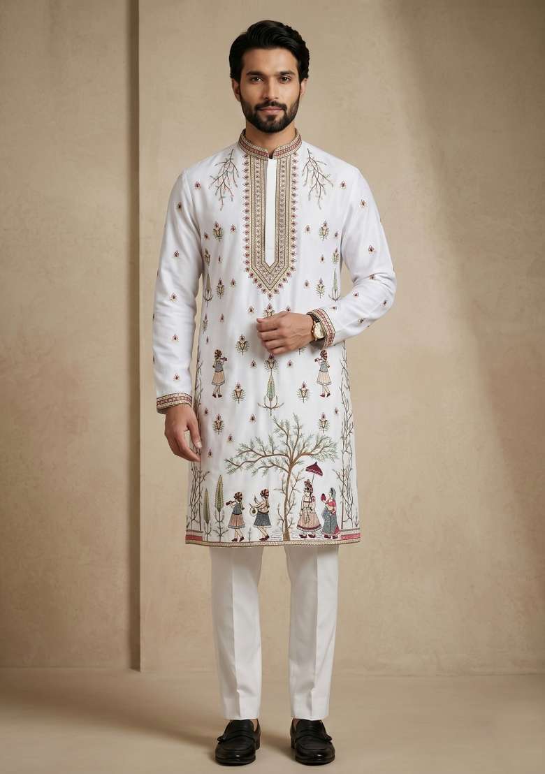 White Embroidery Satin Kurta Pajama For Men - Indya