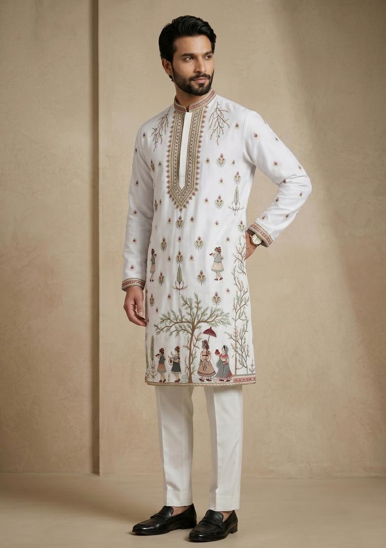 White Embroidery Satin Kurta Pajama For Men - Indya