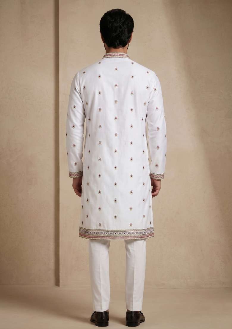 White Embroidery Satin Kurta Pajama For Men - Indya