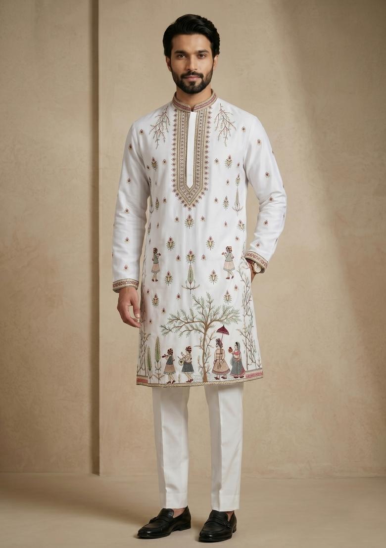 White Embroidery Satin Kurta Pajama For Men - Indya