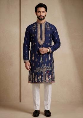 Nevy Blue Embroidery Satin Kurta Pajama For Men
