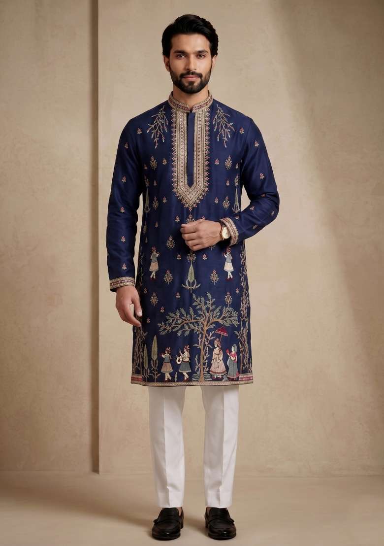 Nevy Blue Embroidery Satin Kurta Pajama For Men - Indya