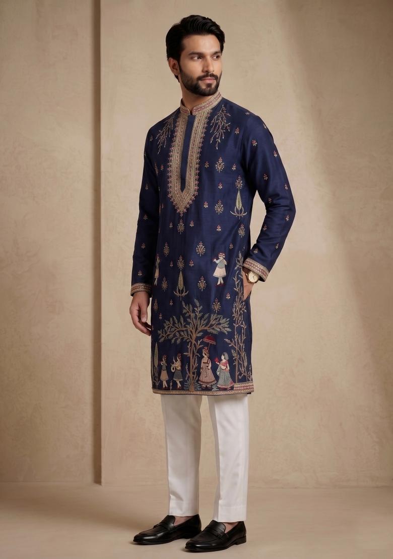 Nevy Blue Embroidery Satin Kurta Pajama For Men - Indya