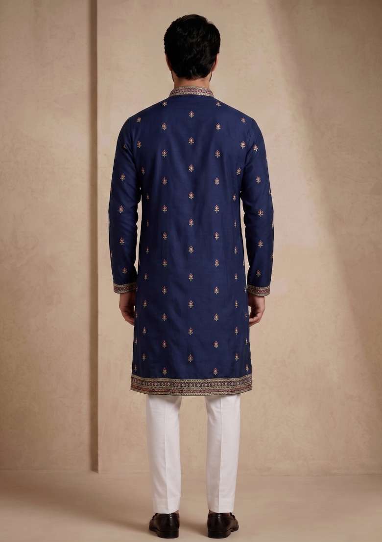 Nevy Blue Embroidery Satin Kurta Pajama For Men - Indya