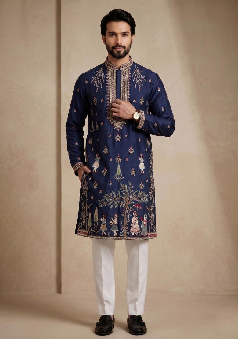 Nevy Blue Embroidery Satin Kurta Pajama For Men - Indya