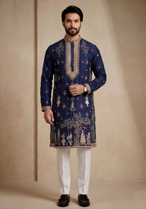 Nevy Blue Embroidery Satin Kurta Pajama For Men