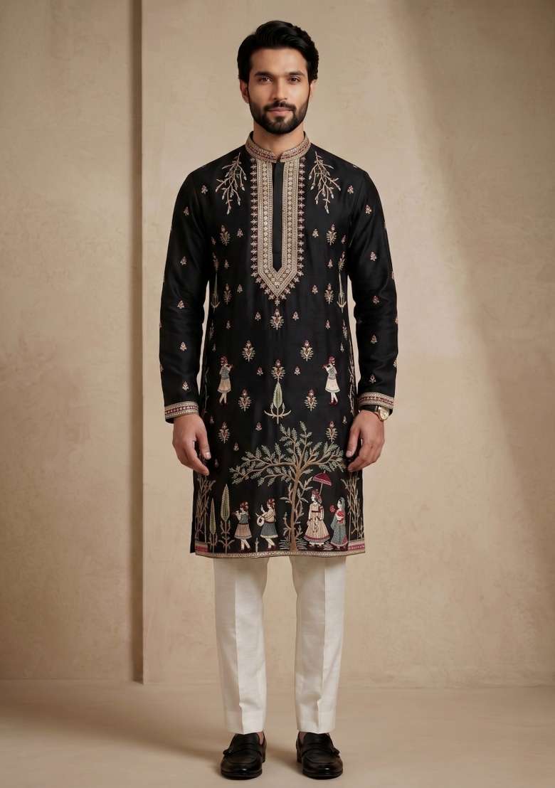 Black Embroidery Satin Kurta Pajama For Men - Indya