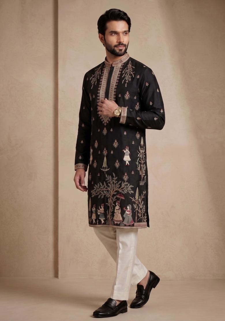 Black Embroidery Satin Kurta Pajama For Men - Indya