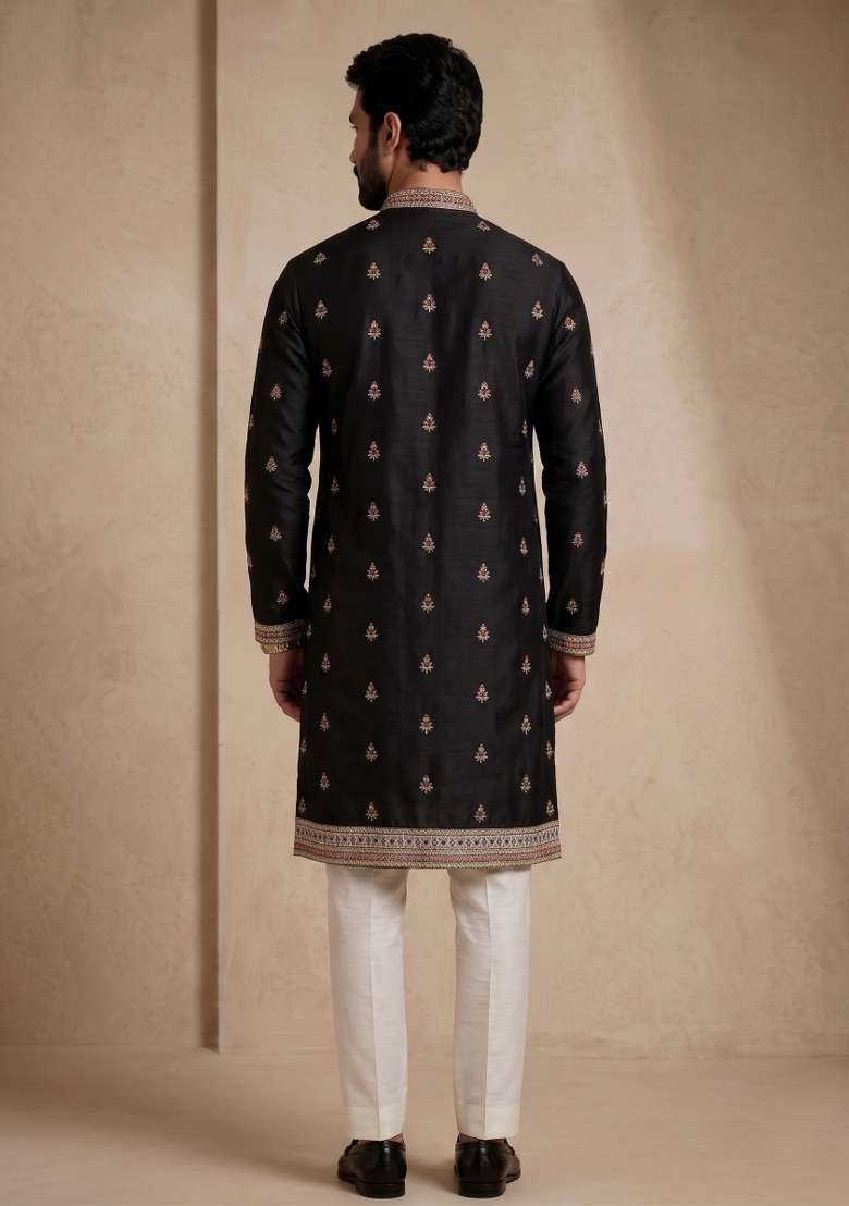 Black Embroidery Satin Kurta Pajama For Men - Indya