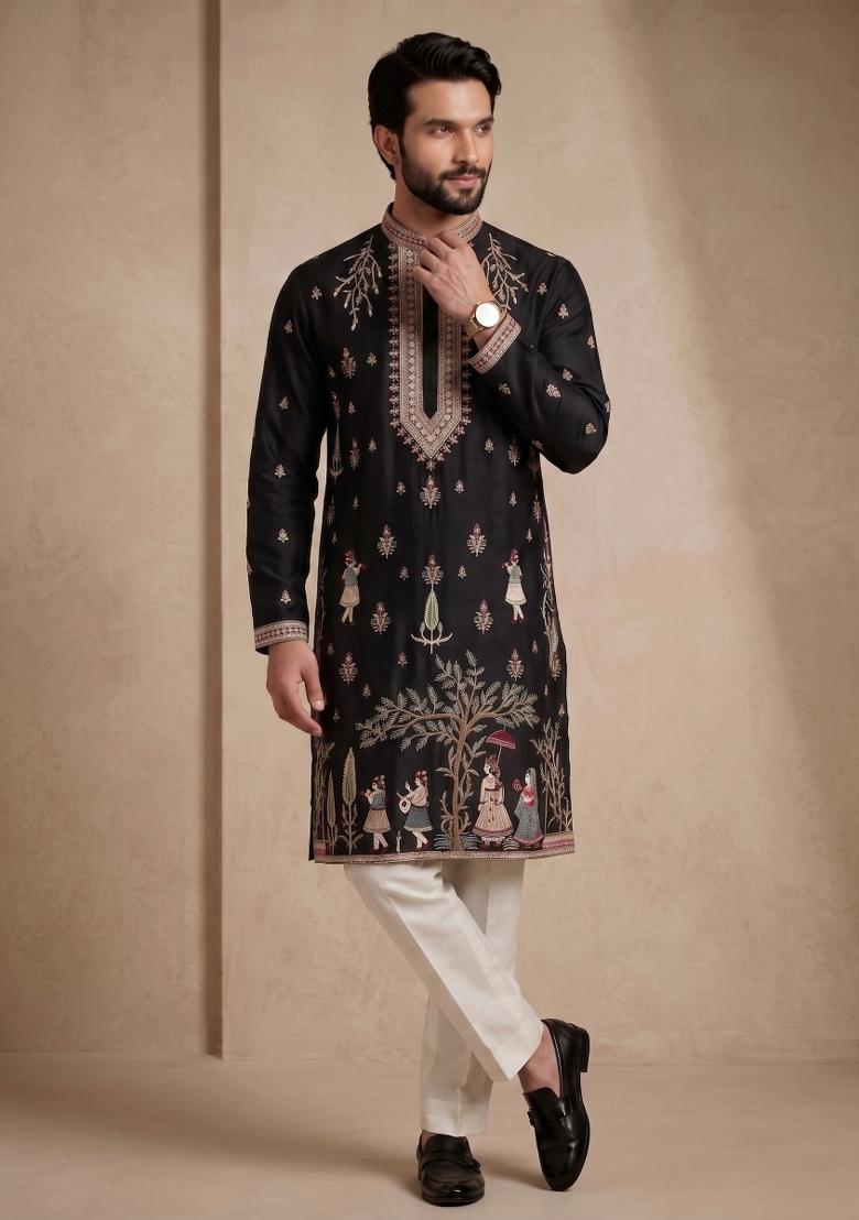 Black Embroidery Satin Kurta Pajama For Men - Indya